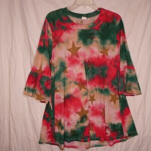 Women's 2XL green & red with gold stars short sleeve‎ tunic top shirt